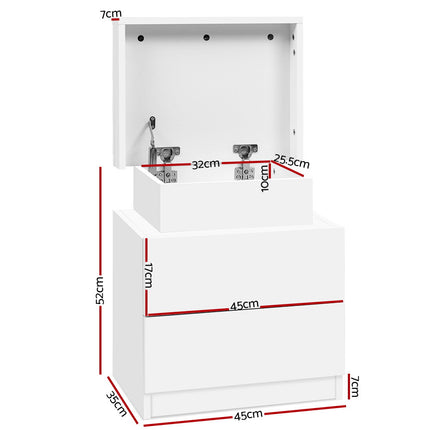 Artiss Bedside Table 2 Drawers Lift-up Storage - COLEY White.