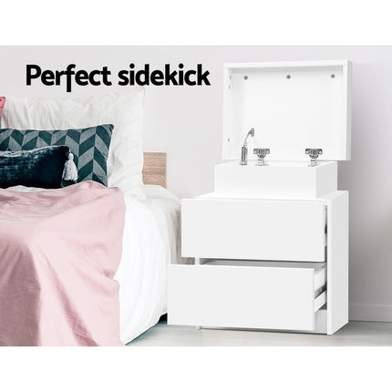 Artiss Bedside Table 2 Drawers Lift-up Storage - COLEY White.