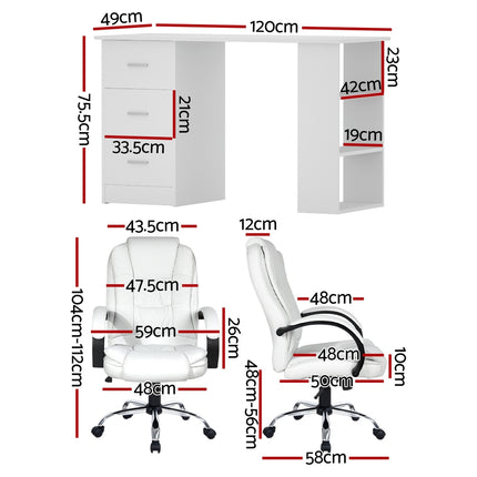 Artiss Computer Desk 120cm Executive Office Chair Set PU Leather High Back White.