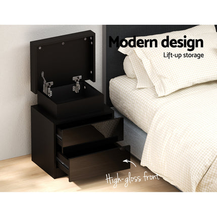 Artiss Bedside Table LED 2 Drawers Lift-up Storage - COLEY Black.