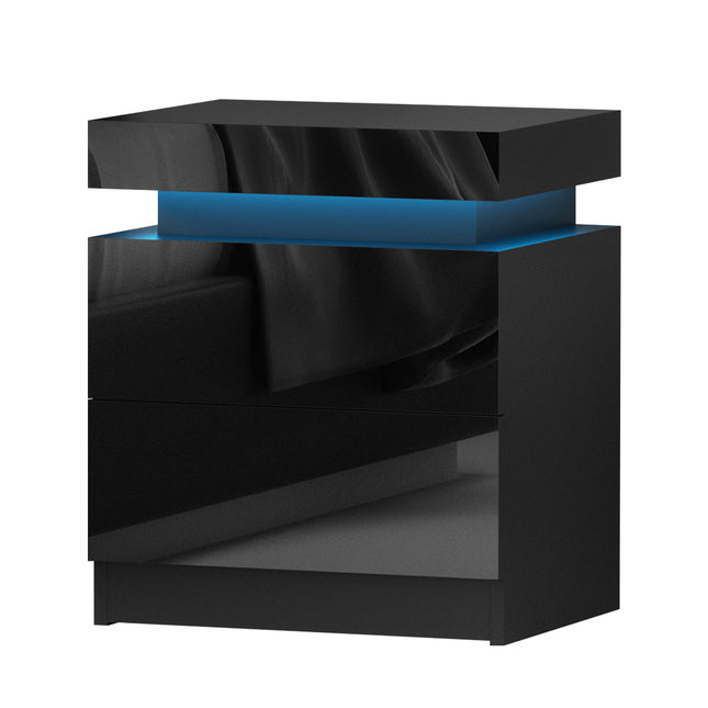 Artiss Bedside Table LED 2 Drawers Lift-up Storage - COLEY Black.
