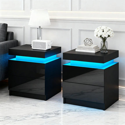 Artiss 2X Bedside Table LED 2 Drawers Lift-up Storage - COLEY Black.