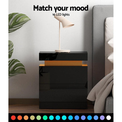 Artiss 2X Bedside Table LED 2 Drawers Lift-up Storage - COLEY Black.