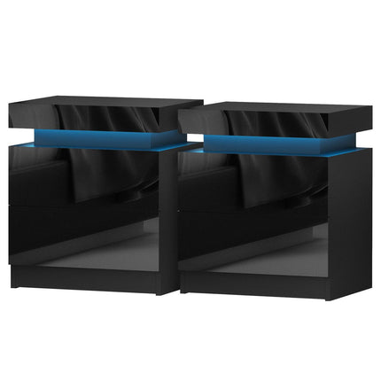 Artiss 2X Bedside Table LED 2 Drawers Lift-up Storage - COLEY Black.