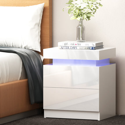 Artiss Bedside Table LED 2 Drawers Lift-up Storage - COLEY White.