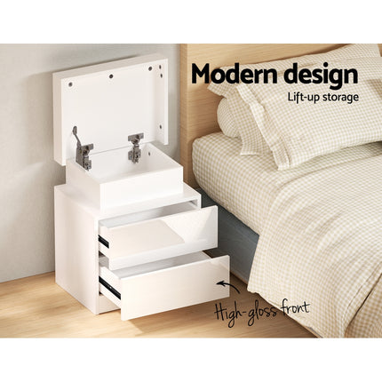 Artiss Bedside Table LED 2 Drawers Lift-up Storage - COLEY White.
