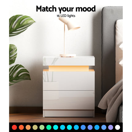 Artiss Bedside Table LED 2 Drawers Lift-up Storage - COLEY White.