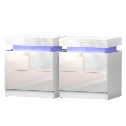 Artiss 2X Bedside Table LED 2 Drawers Lift-up Storage - COLEY White.