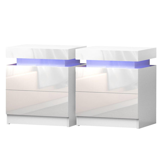 Artiss 2X Bedside Table LED 2 Drawers Lift-up Storage - COLEY White.