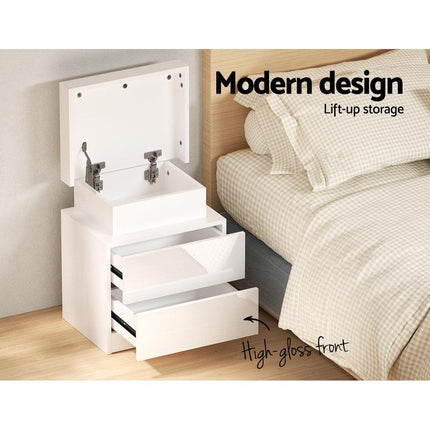 Artiss 2X Bedside Table LED 2 Drawers Lift-up Storage - COLEY White.