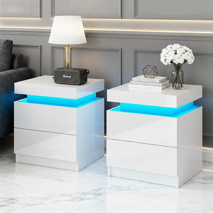 Artiss 2X Bedside Table LED 2 Drawers Lift-up Storage - COLEY White.