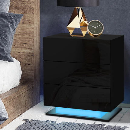 Artiss Bedside Table LED 3 Drawers - MORI Black.