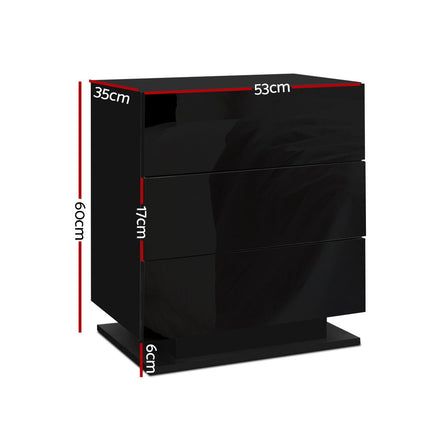 Artiss Bedside Table LED 3 Drawers - MORI Black.