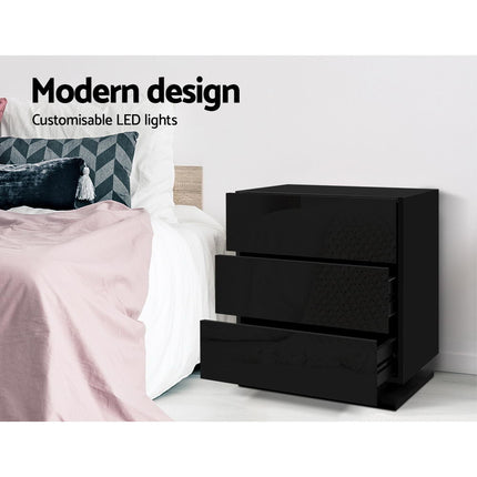 Artiss Bedside Table LED 3 Drawers - MORI Black.