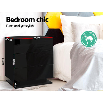 Artiss Bedside Table LED 3 Drawers - MORI Black.