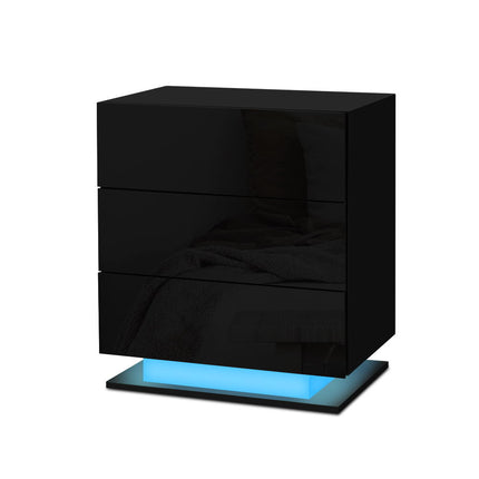 Artiss Bedside Table LED 3 Drawers - MORI Black.