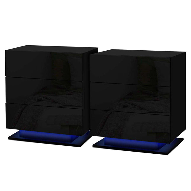 Artiss 2x Bedside Table LED 3 Drawers - MORI Black.