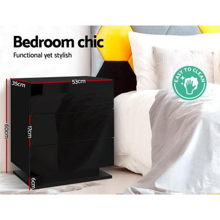 Artiss 2x Bedside Table LED 3 Drawers - MORI Black.