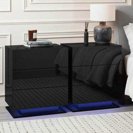 Artiss 2x Bedside Table LED 3 Drawers - MORI Black.