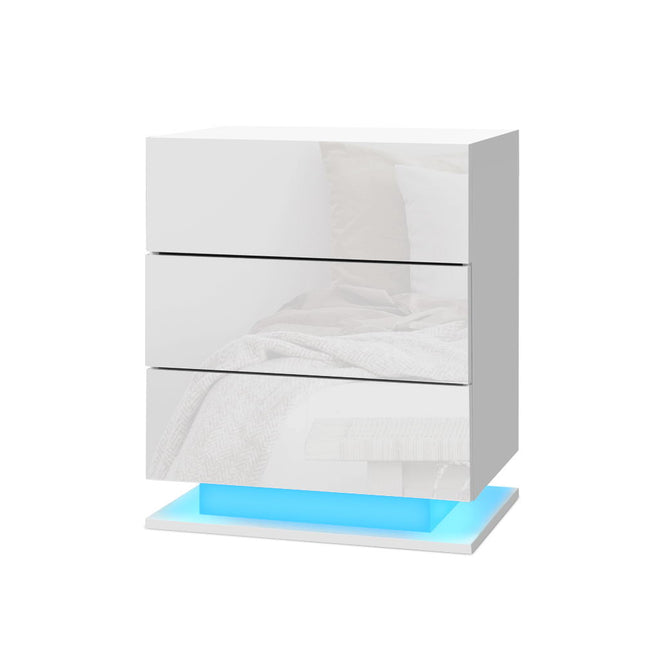 Artiss Bedside Table LED 3 Drawers - MORI White.