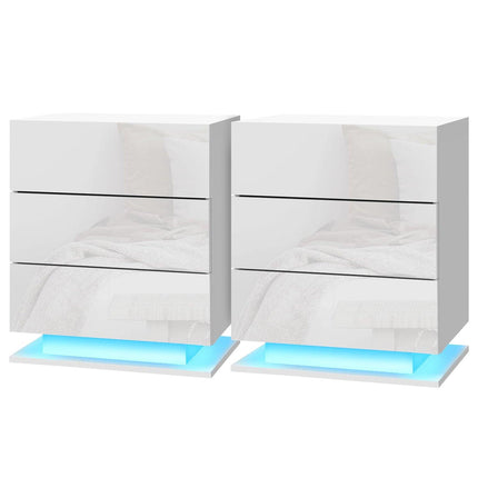 Artiss 2x Bedside Table LED 3 Drawers - MORI White.