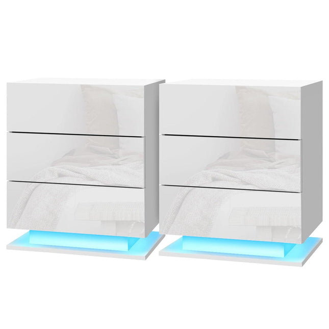Artiss 2x Bedside Table LED 3 Drawers - MORI White.