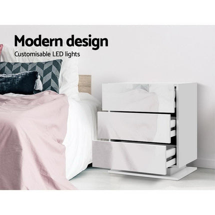 Artiss 2x Bedside Table LED 3 Drawers - MORI White.