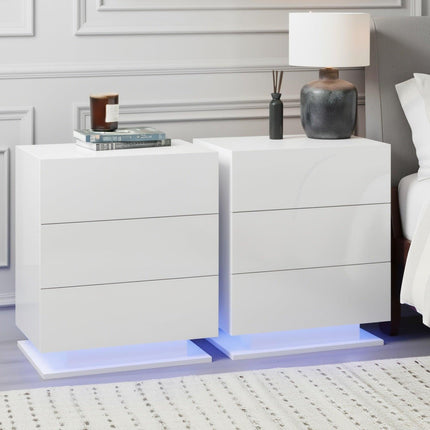 Artiss 2x Bedside Table LED 3 Drawers - MORI White.