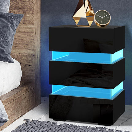 Artiss Bedside Table LED 3 Drawers - LUMI Black.
