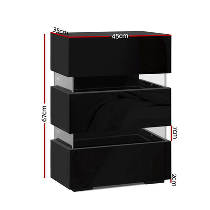 Artiss Bedside Table LED 3 Drawers - LUMI Black.