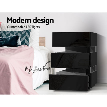 Artiss Bedside Table LED 3 Drawers - LUMI Black.