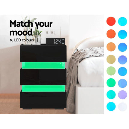 Artiss Bedside Table LED 3 Drawers - LUMI Black.