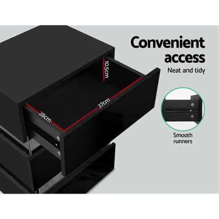 Artiss Bedside Table LED 3 Drawers - LUMI Black.