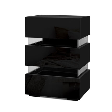 Artiss Bedside Table LED 3 Drawers - LUMI Black.
