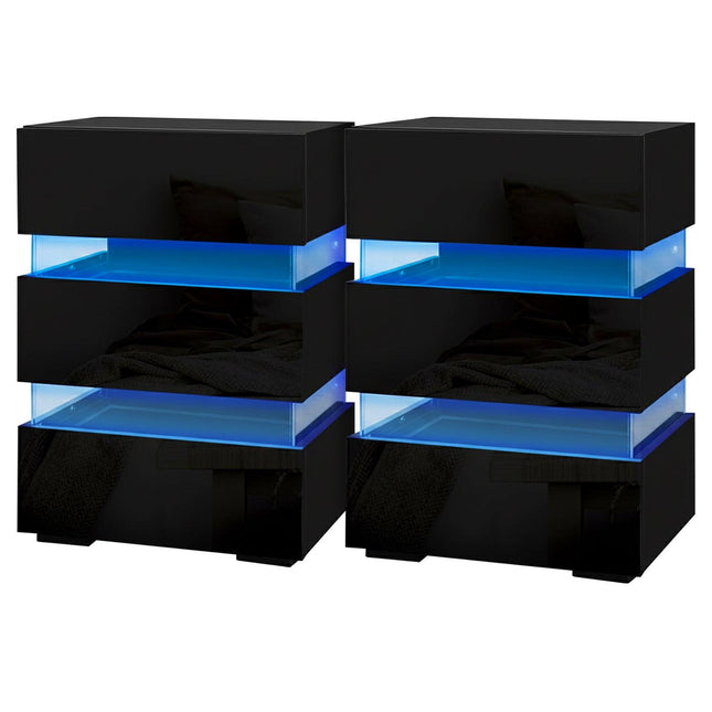 Artiss 2x Bedside Table LED 3 Drawers - LUMI Black.
