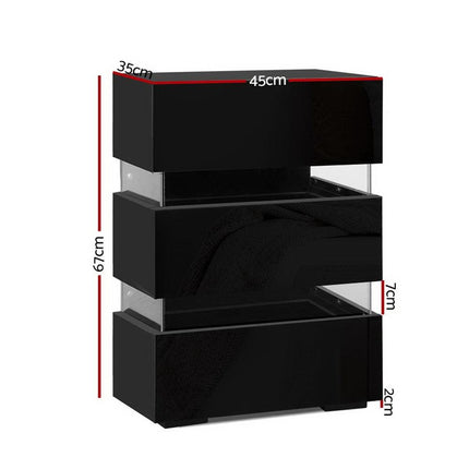 Artiss 2x Bedside Table LED 3 Drawers - LUMI Black.