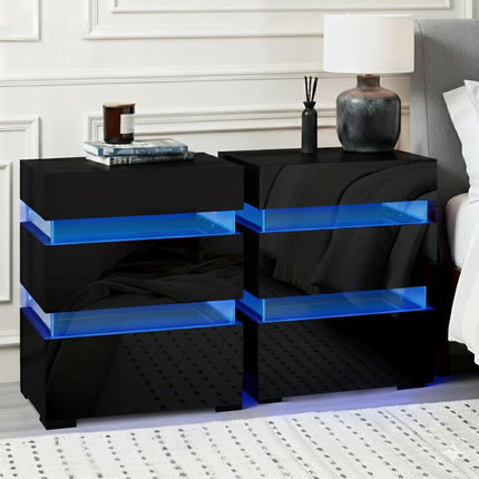 Artiss 2x Bedside Table LED 3 Drawers - LUMI Black.