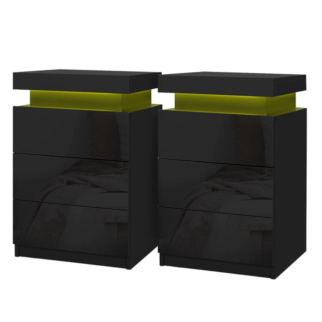 Artiss 2X Bedside Table LED 3 Drawers - COLEY Black.