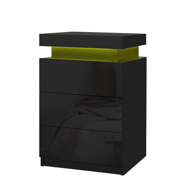 Artiss 2X Bedside Table LED 3 Drawers - COLEY Black.
