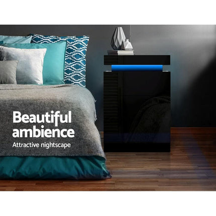 Artiss 2X Bedside Table LED 3 Drawers - COLEY Black.