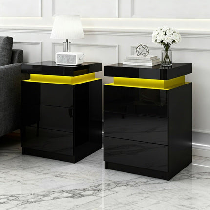 Artiss 2X Bedside Table LED 3 Drawers - COLEY Black.