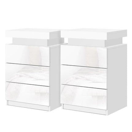 Artiss 2X Bedside Table LED 3 Drawers - COLEY White.