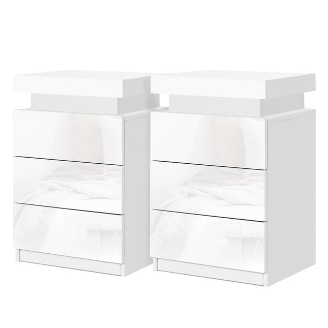 Artiss 2X Bedside Table LED 3 Drawers - COLEY White.