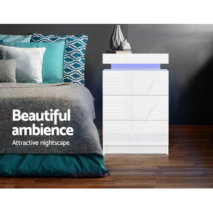 Artiss 2X Bedside Table LED 3 Drawers - COLEY White.