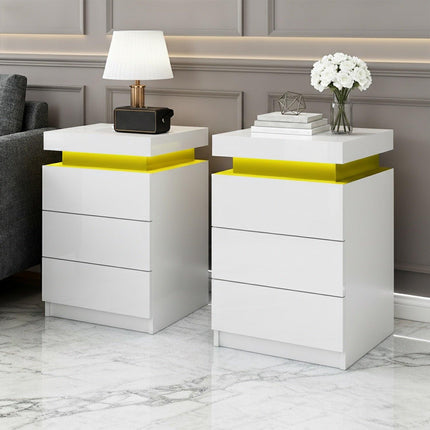 Artiss 2X Bedside Table LED 3 Drawers - COLEY White.