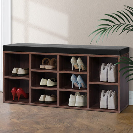 Artiss Shoe Rack Cabinet Bench 10 Cubes - Walnut.