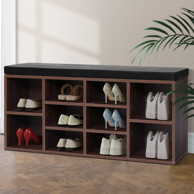 Artiss Shoe Rack Cabinet Bench 10 Cubes - Walnut.