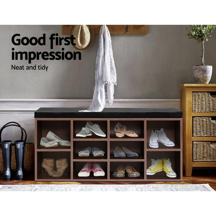 Artiss Shoe Rack Cabinet Bench 10 Cubes - Walnut.