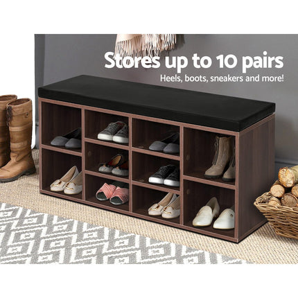 Artiss Shoe Rack Cabinet Bench 10 Cubes - Walnut.