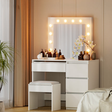 Artiss Dressing Table Set Stool 12 Led Bulbs White.